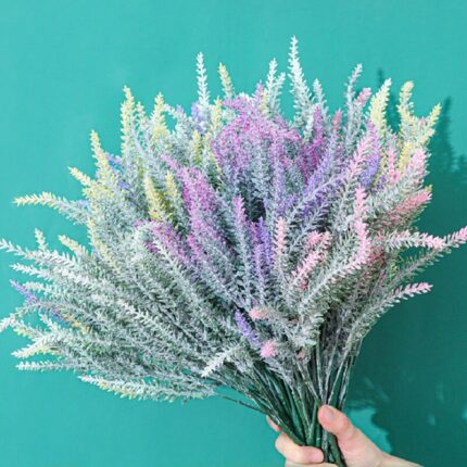 Artificial Flowers Flocked Plastic Lavender Bundle Fake Plants Wedding Bridal Bouquet Indoor Outdoor Garden Office Home 1