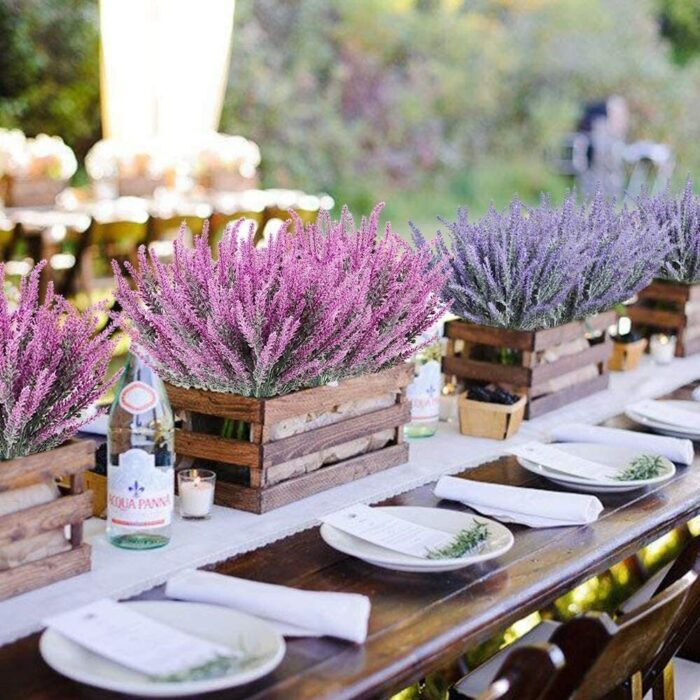 Artificial Flowers Flocked Plastic Lavender Bundle Fake Plants Wedding Bridal Bouquet Indoor Outdoor Garden Office Home 2