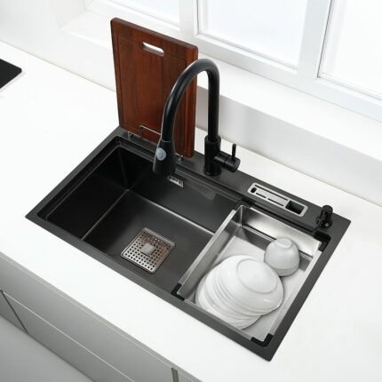Black High And Low Sink Kitchen Sink With Knife Holder Vegetable Washing Basin With Cutting Board 1