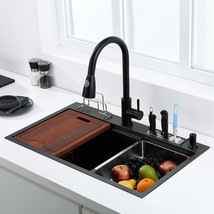 Black High And Low Sink Kitchen Sink With Knife Holder Vegetable Washing Basin With Cutting Board 2