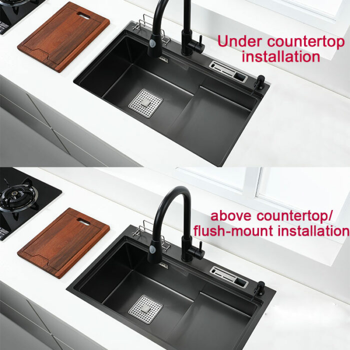 Black High And Low Sink Kitchen Sink With Knife Holder Vegetable Washing Basin With Cutting Board 3
