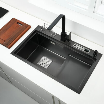 Black High And Low Sink Kitchen Sink With Knife Holder Vegetable Washing Basin With Cutting Board