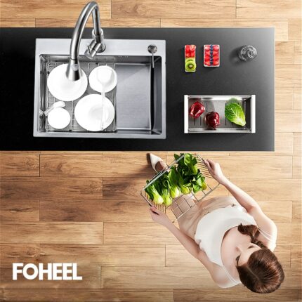 Foheel Stainless Steel Kitchen Sink Slot Dish Basin Kitchen Sink Drain Basket And Drain Pip Rectangular 1