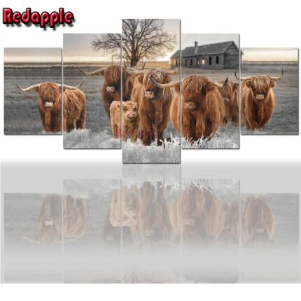 Full Diamond Painting Cross Stitch Highland Cow Scottish Cows Picture Wall Decor Farmhouse 5 Panels Animal.jpg