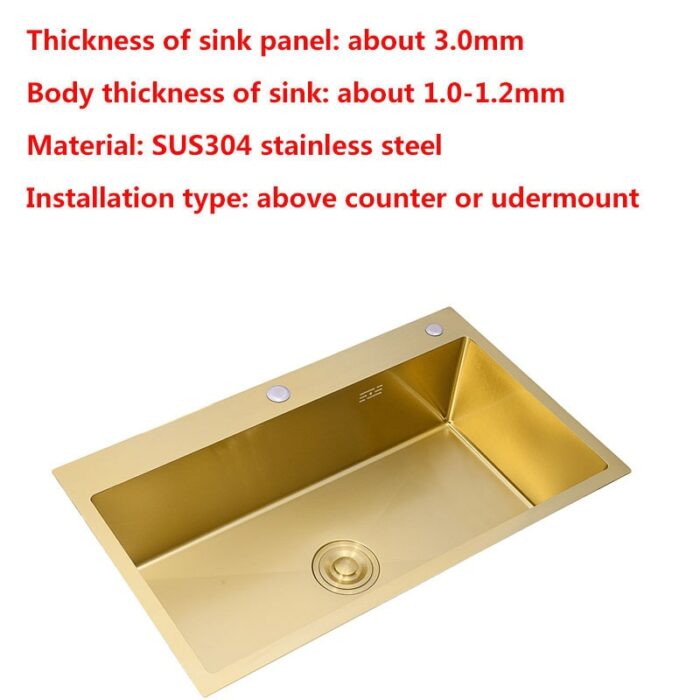 Gold Kitchen Sink Above Counter Or Undermount 304 Stainless Steel Single Bowl Goldn Basket Drainer Soap 4