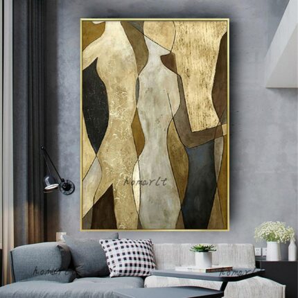 Gold Picasso Oil Painting On Canvas Handmade Mural Modern Metal Texture Wall Art Picture Office Bar