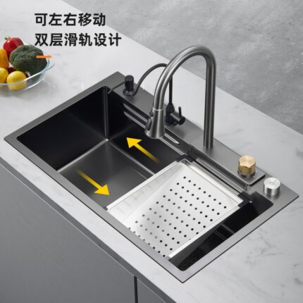 Hand Made Nano Black King Kong Flying Rain Waterfall Kitchen Sink Single Trough Thickened Dishwasher Basin 1