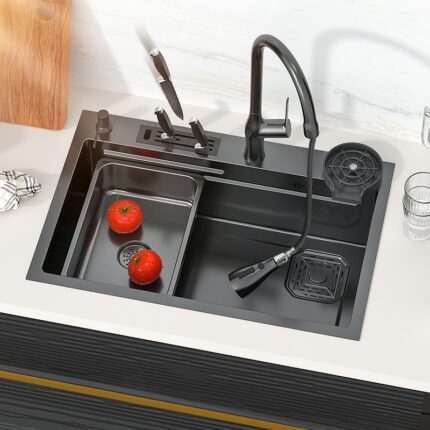 Kitchen Nano 304 Stainless Steel Sink Household Washbasin Japanese Style Large Single Slot With Knife Holder