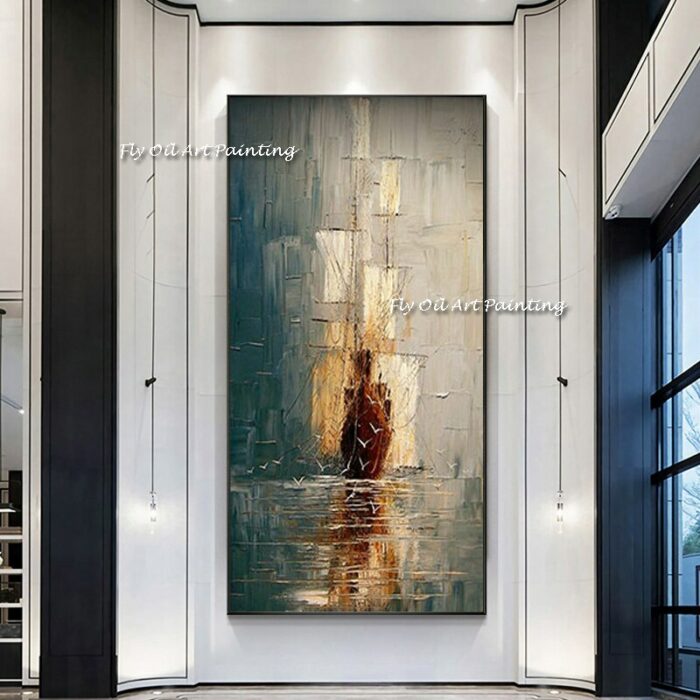 Large Abstract Oil Painting Sailboat On The Sea Handmade Picture Wall Decor For Living Room Indoor 1