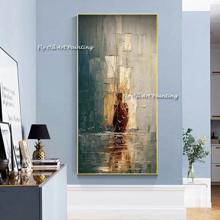 Large Abstract Oil Painting Sailboat On The Sea Handmade Picture Wall Decor For Living Room Indoor 4
