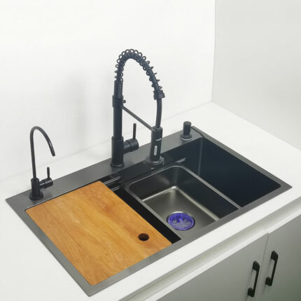 Matte Black Nano Kitchen Sink Above Mount Washing Basin With Chopping Board 304 Stainless Steel Single 1