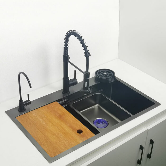 Matte Black Nano Kitchen Sink Above Mount Washing Basin With Chopping Board 304 Stainless Steel Single 2
