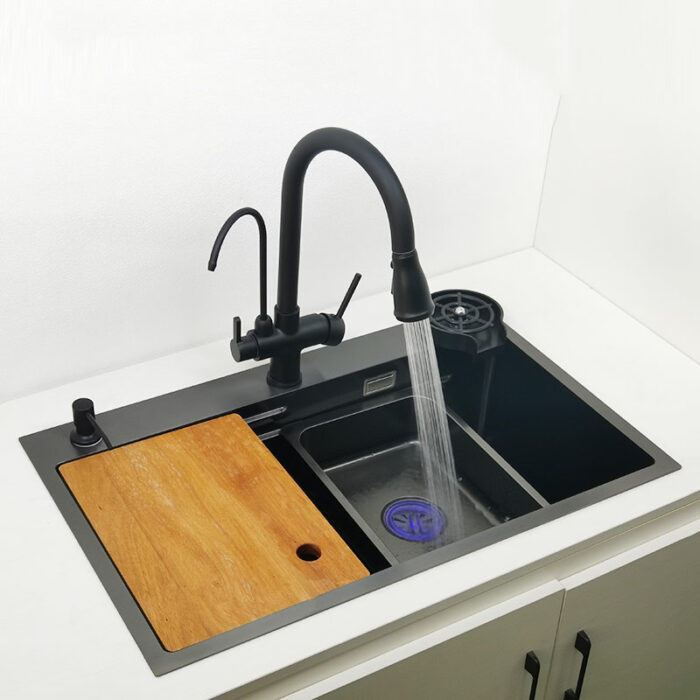 Matte Black Nano Kitchen Sink Above Mount Washing Basin With Chopping Board 304 Stainless Steel Single 3