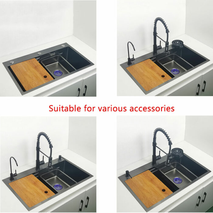 Matte Black Nano Kitchen Sink Above Mount Washing Basin With Chopping Board 304 Stainless Steel Single 4