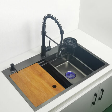 Matte Black Nano Kitchen Sink Above Mount Washing Basin With Chopping Board 304 Stainless Steel Single