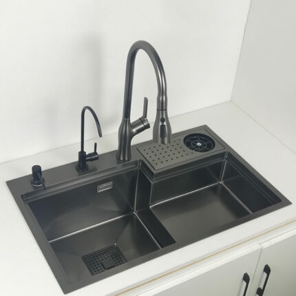 Nano Black 304 Stainless Steel Kitchen Sink With Cup Washer High And Low Sink With Cutting 1