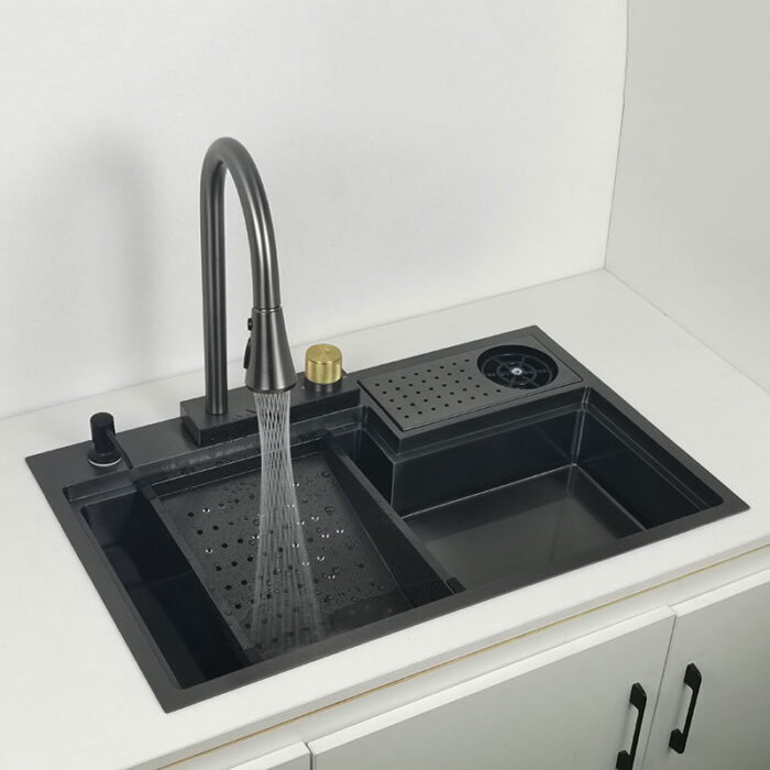 Nano Black 304 Stainless Steel Kitchen Sink With Cup Washer High And Low Sink With Cutting 2