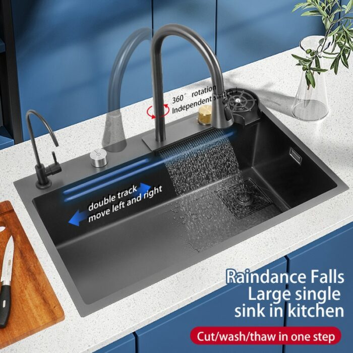 New Black Nanometer 304 Stainless Steel Waterfall Kitchen Sink 3mm Thickness Large Single Slot Above Mount 1