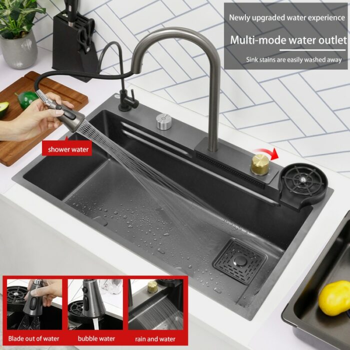 New Black Nanometer 304 Stainless Steel Waterfall Kitchen Sink 3mm Thickness Large Single Slot Above Mount 2