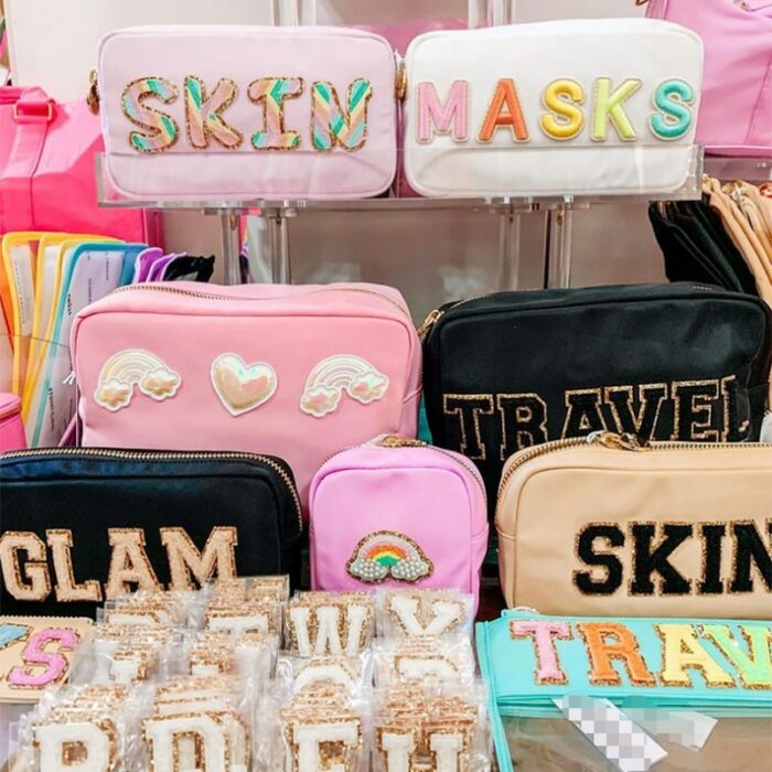 Stock Wholesale Multi Colors Waterproof Nylon Pouch Cosmetic Bag Women Letters Patch Diy Makeup Bag Teens 2
