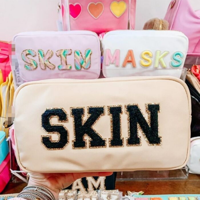 Stock Wholesale Multi Colors Waterproof Nylon Pouch Cosmetic Bag Women Letters Patch Diy Makeup Bag Teens 3