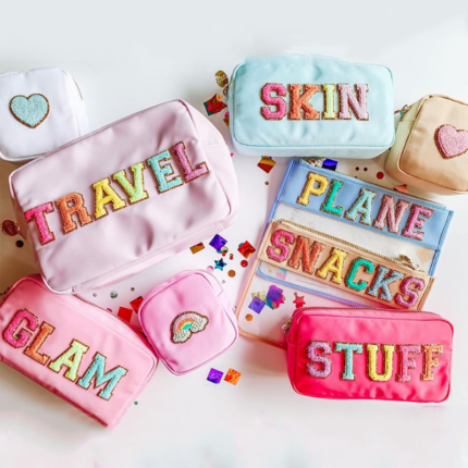 Stock Wholesale Multi Colors Waterproof Nylon Pouch Cosmetic Bag Women Letters Patch Diy Makeup Bag Teens