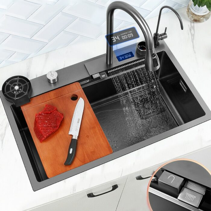 Waterfall Sink Kitchen Stainless Steel Topmount Sink Large Single Slot Wash Basin With Multifunction Touch Waterfall