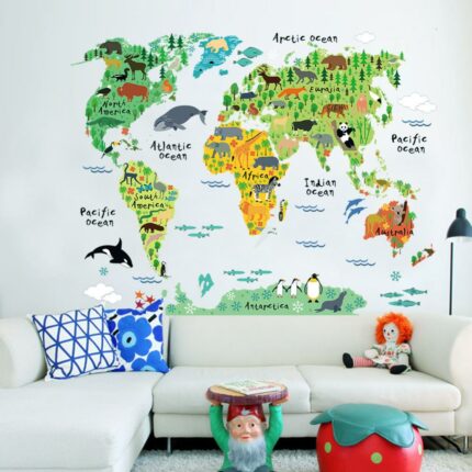 Colorful Animal World Map Wall Stickers Living Room Home Decorations Pvc Decal Mural Art 037 Diy 1