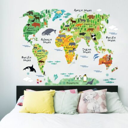 Colorful Animal World Map Wall Stickers Living Room Home Decorations Pvc Decal Mural Art 037 Diy