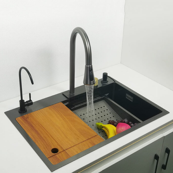 Gun Grey Kichen Sink Waterfall Faucet Nano Sink 304 Stainless Steel Darkgray Topmount Single Bowl Wash 1