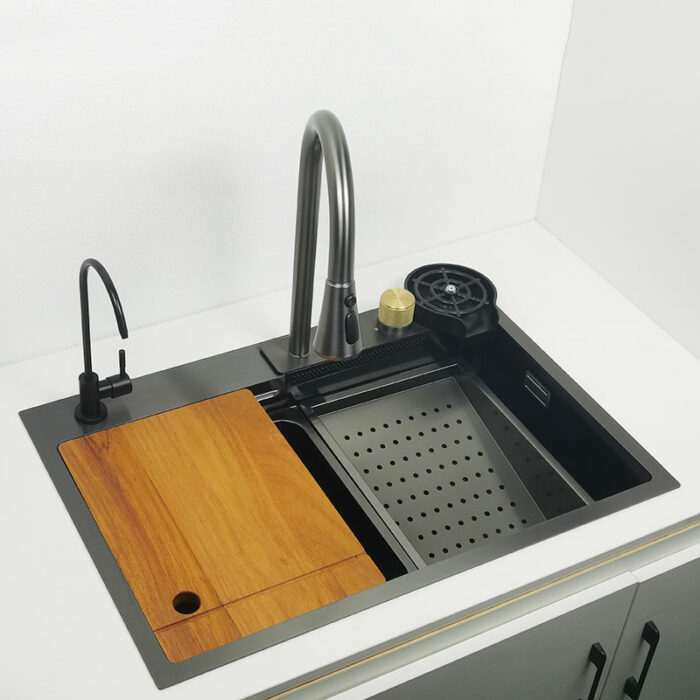 Gun Grey Kichen Sink Waterfall Faucet Nano Sink 304 Stainless Steel Darkgray Topmount Single Bowl Wash 2
