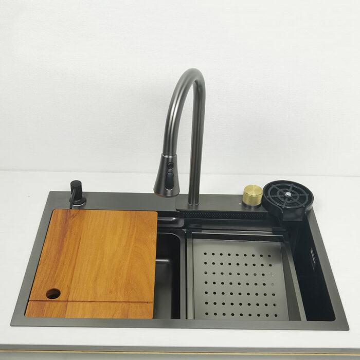 Gun Grey Kichen Sink Waterfall Faucet Nano Sink 304 Stainless Steel Darkgray Topmount Single Bowl Wash 3